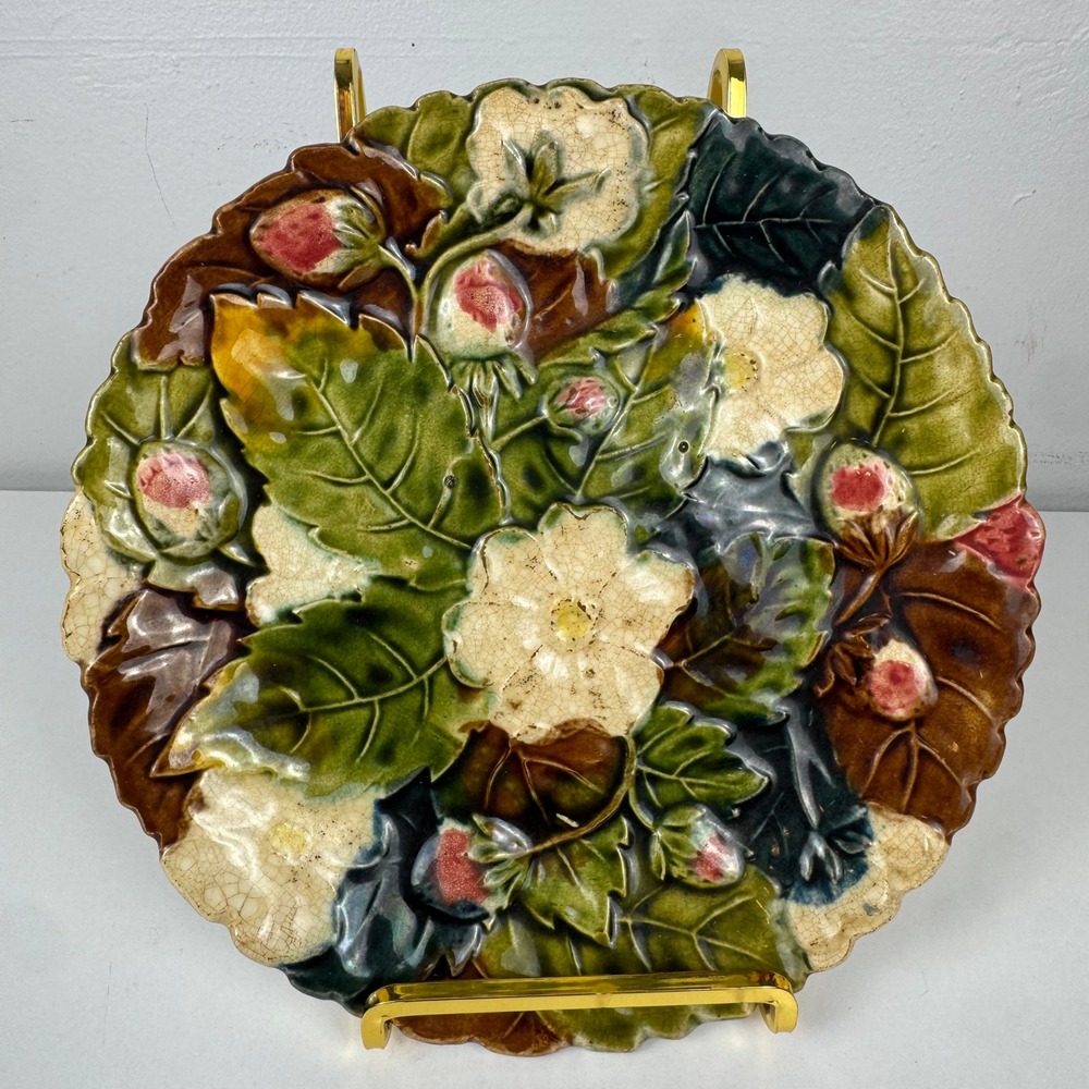 Antique Victorian Strawberry Majolica Plate 8.5" Pink Strawberries Floral Relief